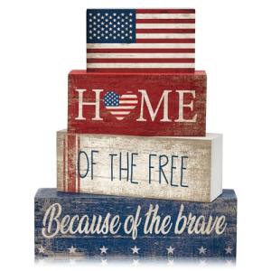 CroBlissful 4 Pcs Veterans Day Decorations Patriotic Memorial Day Tabletop Decorations Red White Blue Table Centerpieces Wood Block God Bless Sign for Office Tiered Tray Home Shelf Mantel