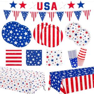 4th of July Party Supplies Set, Patriotic Theme Kit for Independence & Election Day Decorations, Includes Plates, Napkins, Cups, Banner, Tablecloth -Patriotic & 4th of July Party Decorations-24 Guests