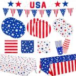 4th of July Party Supplies Set, Patriotic Theme Kit for Independence & Election Day Decorations, Includes Plates, Napkins, Cups, Banner, Tablecloth -Patriotic & 4th of July Party Decorations-24 Guests