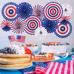 4th of July Patriotic Decorations Hanging Paper Fans Red White Blue American Theme National Day Independence Day Memorial Day Veterans Day Party Decor Supplies, 12pcs