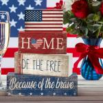 CroBlissful 4 Pcs Veterans Day Decorations Patriotic Memorial Day Tabletop Decorations Red White Blue Table Centerpieces Wood Block God Bless Sign for Office Tiered Tray Home Shelf Mantel