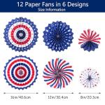4th of July Patriotic Decorations Hanging Paper Fans Red White Blue American Theme National Day Independence Day Memorial Day Veterans Day Party Decor Supplies, 12pcs