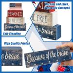 CroBlissful 4 Pcs Veterans Day Decorations Patriotic Memorial Day Tabletop Decorations Red White Blue Table Centerpieces Wood Block God Bless Sign for Office Tiered Tray Home Shelf Mantel