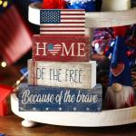 CroBlissful 4 Pcs Veterans Day Decorations Patriotic Memorial Day Tabletop Decorations Red White Blue Table Centerpieces Wood Block God Bless Sign for Office Tiered Tray Home Shelf Mantel