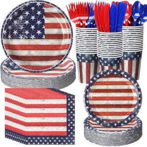 Sunnychicc 400 Pcs American Flag Patriotic Party Supplies Red White Blue Disposable Paper Plates Napkins and Cups Veterans Election Tableware for Independence 4th of July Labor Memorial Day(Retro)