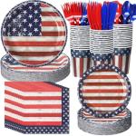Sunnychicc 400 Pcs American Flag Patriotic Party Supplies Red White Blue Disposable Paper Plates Napkins and Cups Veterans Election Tableware for Independence 4th of July Labor Memorial Day(Retro)