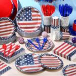 Sunnychicc 400 Pcs American Flag Patriotic Party Supplies Red White Blue Disposable Paper Plates Napkins and Cups Veterans Election Tableware for Independence 4th of July Labor Memorial Day(Retro)