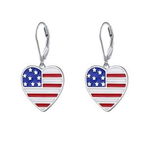 S925 Sterling Silver Heart Dangle Drop Flag Patriotic of the United States Earrings for Women Independence Day Gift