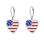 S925 Sterling Silver Heart Dangle Drop Flag Patriotic of the United States Earrings for Women Independence Day Gift