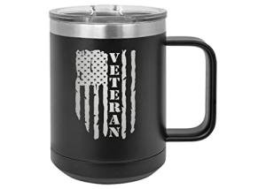 Rogue River Tactical USA Tattered American Flag Veteran Heavy Duty Stainless Steel Black Coffee Mug Tumbler With Lid Novelty Cup Great Gift Idea