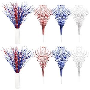 Giegxin 16 Pack Christmas Artificial Glitter Berry Stem, 17 Inches Fall and Thanksgiving Floral Picks Branches for Vase Centerpieces Labor Day Decor Holiday Ornaments(Red, Blue, White)