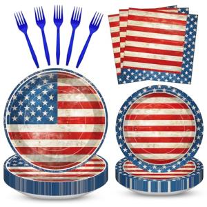 100 Pcs American Flag Party Supplies Set, Serves 25 – Disposable Patriotic Paper Plates, Napkins, and Forks, USA Flag-Themed Tableware for 4th of July, Memorial Day, Veterans Day, Independence Day BBQ