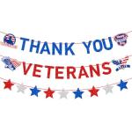 JKQ Blue Red Glitter Thank You Veterans Banner Happy Veterans Day Garland Banner Land of the Free Because of the Brave Honoring All Who Served America Patriotic Party Fireplace Mantle Wall