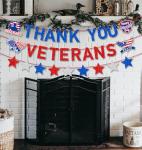 JKQ Blue Red Glitter Thank You Veterans Banner Happy Veterans Day Garland Banner Land of the Free Because of the Brave Honoring All Who Served America Patriotic Party Fireplace Mantle Wall