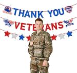 JKQ Blue Red Glitter Thank You Veterans Banner Happy Veterans Day Garland Banner Land of the Free Because of the Brave Honoring All Who Served America Patriotic Party Fireplace Mantle Wall