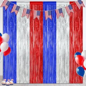 2 Pack 4th of July Party Supplies, 3.28 FT x 7.05 FT 4th of July Tinsel Backdrop, Blue Silver Red Color Fringe Curtains Streamer Backdrop, 4th of July Photo Backdrop Party Decorations