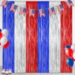 2 Pack 4th of July Party Supplies, 3.28 FT x 7.05 FT 4th of July Tinsel Backdrop, Blue Silver Red Color Fringe Curtains Streamer Backdrop, 4th of July Photo Backdrop Party Decorations