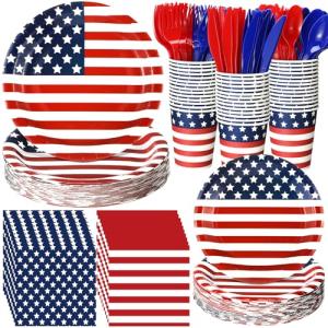 Sunnychicc 400 Pcs American Flag Patriotic Party Supplies Red White Blue Disposable Paper Plates Napkins and Cups Veterans Election Tableware for Independence 4th of July Labor Memorial Day(Stylish)