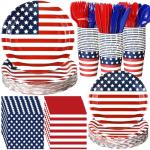 Sunnychicc 400 Pcs American Flag Patriotic Party Supplies Red White Blue Disposable Paper Plates Napkins and Cups Veterans Election Tableware for Independence 4th of July Labor Memorial Day(Stylish)