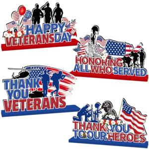 Veterans Day Decorations 4Pcs Happy Veterans Day Wood Table Centerpieces Brave Soldier Wooden Table Topper Decorations 11th November Wood Sign for Patriotic Memorial Celebrate Party Decor