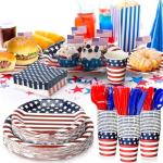 Sunnychicc 400 Pcs American Flag Patriotic Party Supplies Red White Blue Disposable Paper Plates Napkins and Cups Veterans Election Tableware for Independence 4th of July Labor Memorial Day(Stylish)