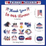 Veterans Day Decorations Banner Set Include DIY 1pc Thank You To Our Heroes Banner and 12pcs Patriotic Theme Thank You Veterans Hanging Swirls for Patriotic Supplies Decor