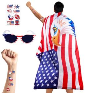 JEROKUMI American Flag Costume Cape, 4th of July USA Flag Costume with Sunglasses Temporary Tattoo Stickers, USA Patriotic Eagle Flag Cloak for Adult Women Men Patriotic Party