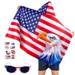 JEROKUMI American Flag Costume Cape, 4th of July USA Flag Costume with Sunglasses Temporary Tattoo Stickers, USA Patriotic Eagle Flag Cloak for Adult Women Men Patriotic Party