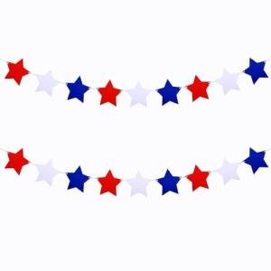 FAZHBARY 2 Pack Felt Star Garland Red White Blue Star Banner Patriotic Fourth of July Decorations Independence Day Decor