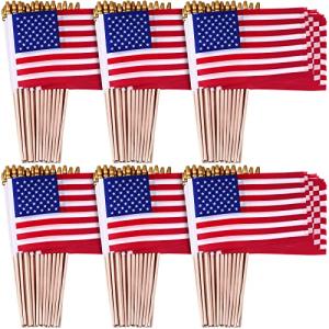 Tegeme 100 Pack of Small American Flags on Sticks, 8 x 12 Inch Mini Handheld US Flags Stick with Solid Wooden Pole Safety Spear Tip for Yard, Memorial Day, 4th of July, Independence Day Decorations
