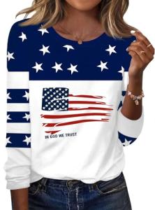 TCOT Women Shirts and Blouses Soft Crew Neck Long Sleeve Comfy Loose Casual Fall Tops American Flag Tee M