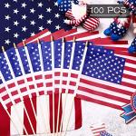 Tegeme 100 Pack of Small American Flags on Sticks, 8 x 12 Inch Mini Handheld US Flags Stick with Solid Wooden Pole Safety Spear Tip for Yard, Memorial Day, 4th of July, Independence Day Decorations