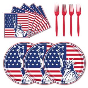 EVYIENEN 75Pcs 4th of July Plates and Napkins Party Supplies,7 Inch American Flag Patriotic Paper Plates and 6.5 Inch Napkins with 6.3 Inch Forks Disposable Tableware Set