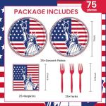 EVYIENEN 75Pcs 4th of July Plates and Napkins Party Supplies,7 Inch American Flag Patriotic Paper Plates and 6.5 Inch Napkins with 6.3 Inch Forks Disposable Tableware Set
