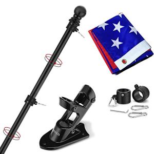 Yeesun Flag Pole for House with 3x5 American Flag, 6 FT Wall Mount with Bracket for Home Porch,Outdoor Deco.Residential or Commerical Tangle Free Flag Pole Kit (Black)