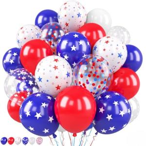 Saxuxu Red White Blue Balloon, 50 Pcs 12 Inches Star Print Red Royal Blue Confetti Balloons, Latex Balloon for 4th of July Independence Day Patriotic Anniversary Baseball Theme Supplies