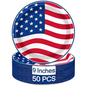 QZYL 50 PCS 4th of July Plates, 9 Inches Heavy Duty Paper Plates, Round Disposable Plates for Party, Paper Tableware for Veterans Day Memorial Day Patriotic Independence Day Party Decorations
