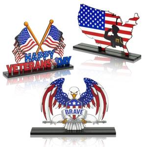 B1ykin 3Pcs Veterans Memorial Day Table Topper Centerpiece Decorations Set, Happy Veterans Day Brave Soldier Removable Wooden Decor, 11th November Table Sign for Patriotic Party Memorial Supplies Home