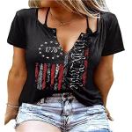 Plus Size USA Flag V-Neck T-Shirt Women Distressed American Flag Graphic Tees Short Sleeve 4th of July Patriotic Tops (3XL, Black 3)