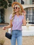 Blooming Jelly Women's Dressy Casual Tops Business Work Blouses 2025 Summer Patriotic Button Down Shirts Short Sleeve V Neck Tshirt (American Flag Striped,Large)