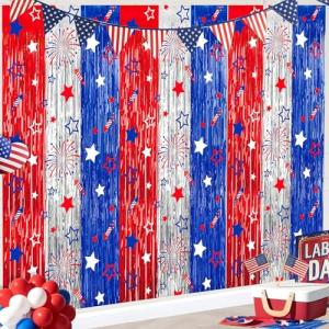 4th of July Decorations 3 Pack Foil Fringe Garland Tinsel Curtains, Red White Blue Hanging Fringe Backdrop Banner, Photo Booth Prop for Patriotic Party Decor (Streamers 3)