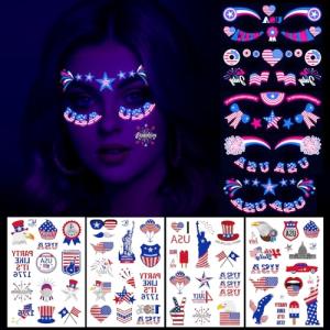 HOWAF 4th of July Temporary Tattoos-5 Sheets Glow Independence Day Face Tattoo 50+pcs Giltter USA Patriotic Tattoos Stickers, American Flag Red White Blue Tattoos Stickers for Face Body Decor