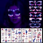 HOWAF 4th of July Temporary Tattoos-5 Sheets Glow Independence Day Face Tattoo 50+pcs Giltter USA Patriotic Tattoos Stickers, American Flag Red White Blue Tattoos Stickers for Face Body Decor