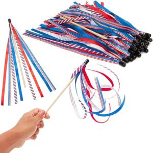 BLUE PANDA Patriotic Streamer Wand - 12 Pack, Blue & White Polyester - American Flag Handheld Flag Sticks for Party & Outdoor Patriotic Decor