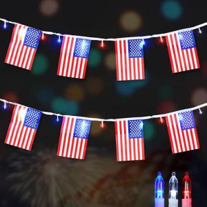 BlcTec 4th of July Decorations 16.4FT Patriotic String Lights 20 American Flags & 50 LED Red White Blue Lights, Battery Operated Waterproof Flag Light with 8 Modes Timer for Indoor Outdoor Party Decor