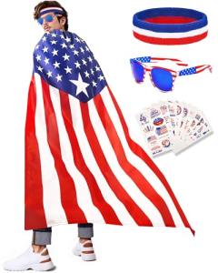 YUSPENYE American Flag Cape 90x150cm with USA Sunglasses, Headband & Patriotic Tattoo Stickers