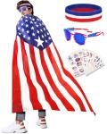 YUSPENYE American Flag Cape 90x150cm with USA Sunglasses, Headband & Patriotic Tattoo Stickers