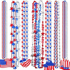 NOVWANG 21Pcs 4th of July Beaded Necklaces Set 7 Styles Patriotic Bead Pendant Necklace with USA Hat American Flag and Star for 4th of July Independence Day Party Favors Supplies Decorations