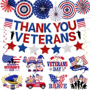 Thank You Veterans Banner - Happy Veterans Day Decorations - Red, White & Blue Paper Fans & Swirls for Party or Bulletin Board - Patriotic Indoor Decorations