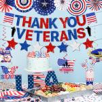 Thank You Veterans Banner - Happy Veterans Day Decorations - Red, White & Blue Paper Fans & Swirls for Party or Bulletin Board - Patriotic Indoor Decorations